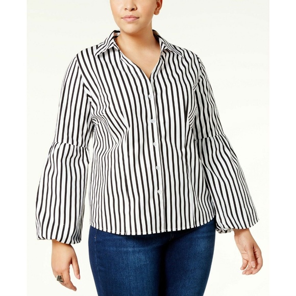INC Black White Striped Bell-Sleeve Button Shirt - Picture 1 of 8